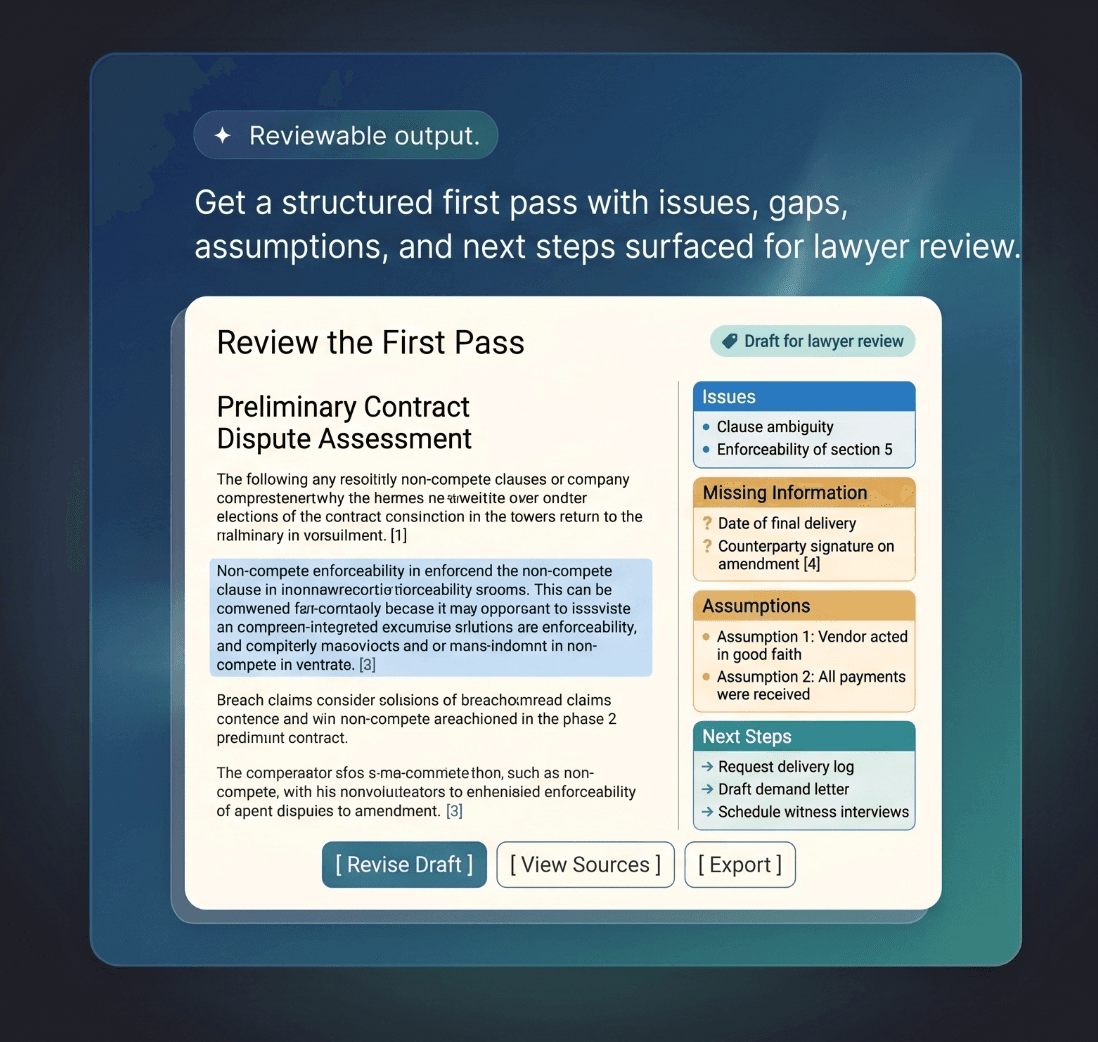 Review the first pass — a structured draft with issues, missing information, assumptions, and next steps surfaced for lawyer review.
