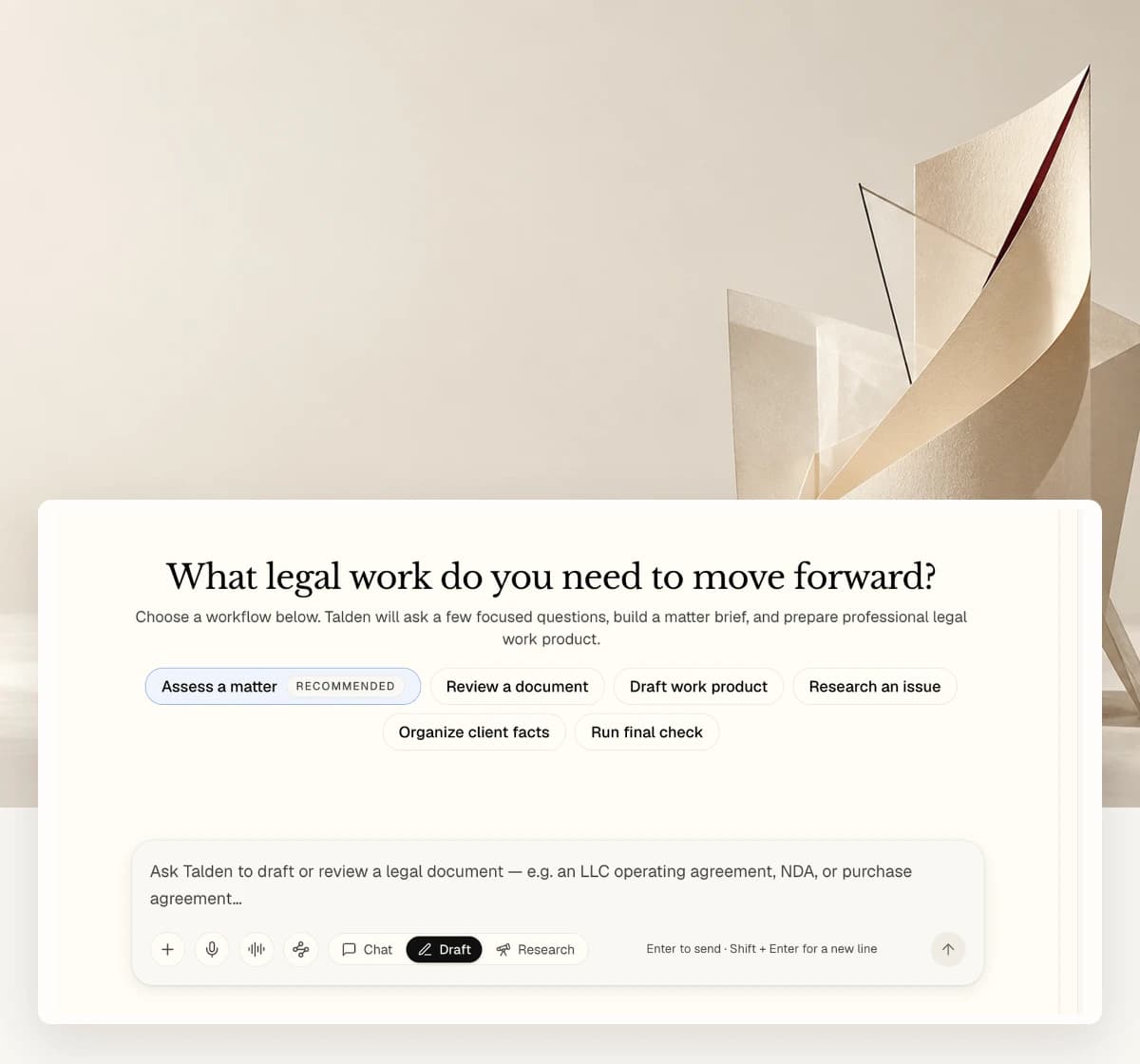 The Talden workspace with guided starts for reviewing, drafting, researching and organizing legal work, set within an editorial paper composition.